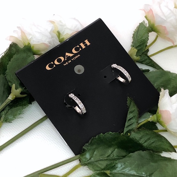 NWT Coach Silver Pave Signature Huggie Earrings - Picture 1 of 6